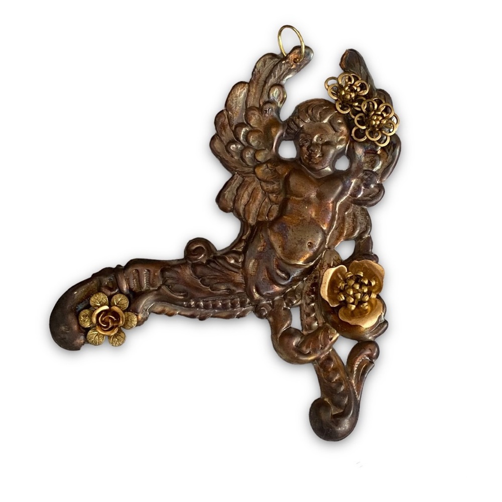 Vintage Large Cherub Angel Cupid Necklace Pendant Victorian Brass